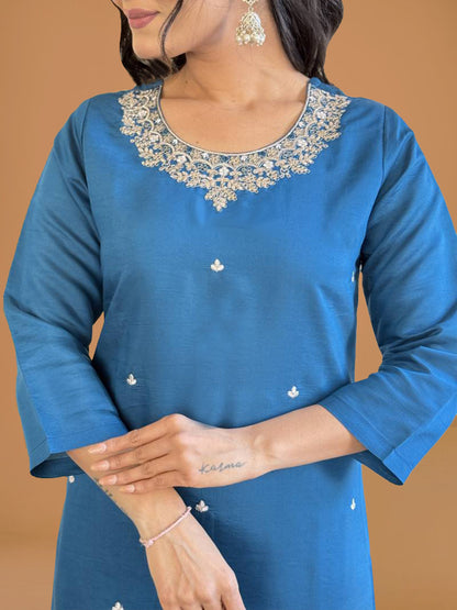 Teal Blue Silk Solid Suit Set