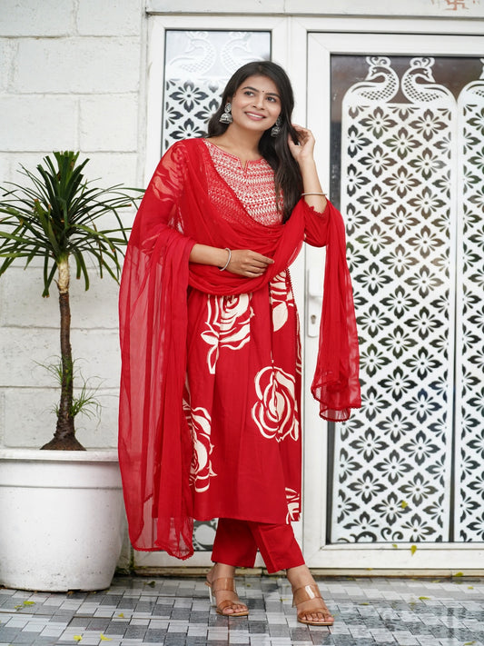 Red Embroidered Anarkali Rayon Foil Suit Set