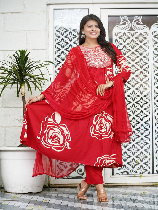 Red Embroidered Anarkali Rayon Foil Suit Set