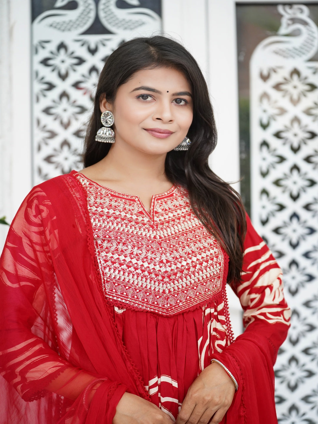 Red Embroidered Anarkali Rayon Foil Suit Set