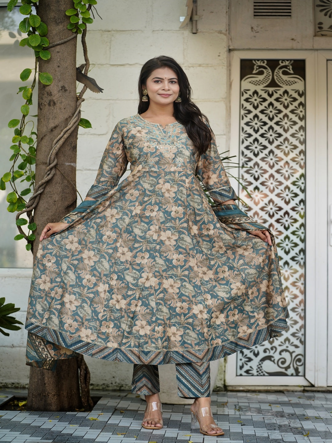 Grey Embroidered Anarkali Chanderi Suit Set