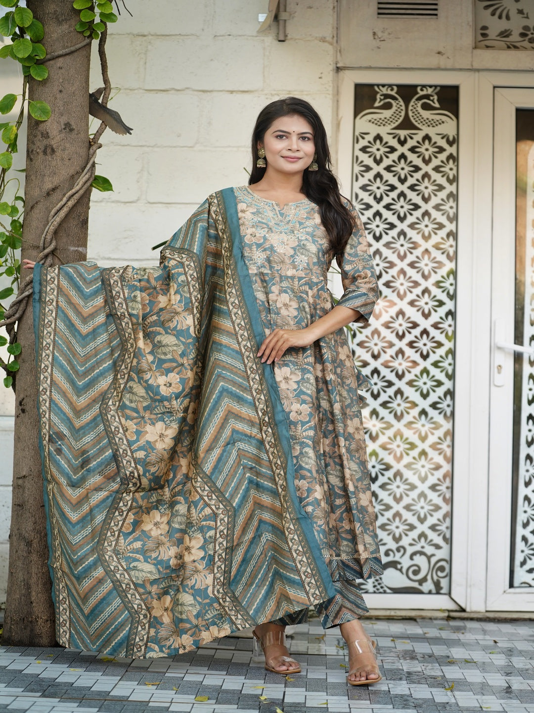 Grey Embroidered Anarkali Chanderi Suit Set