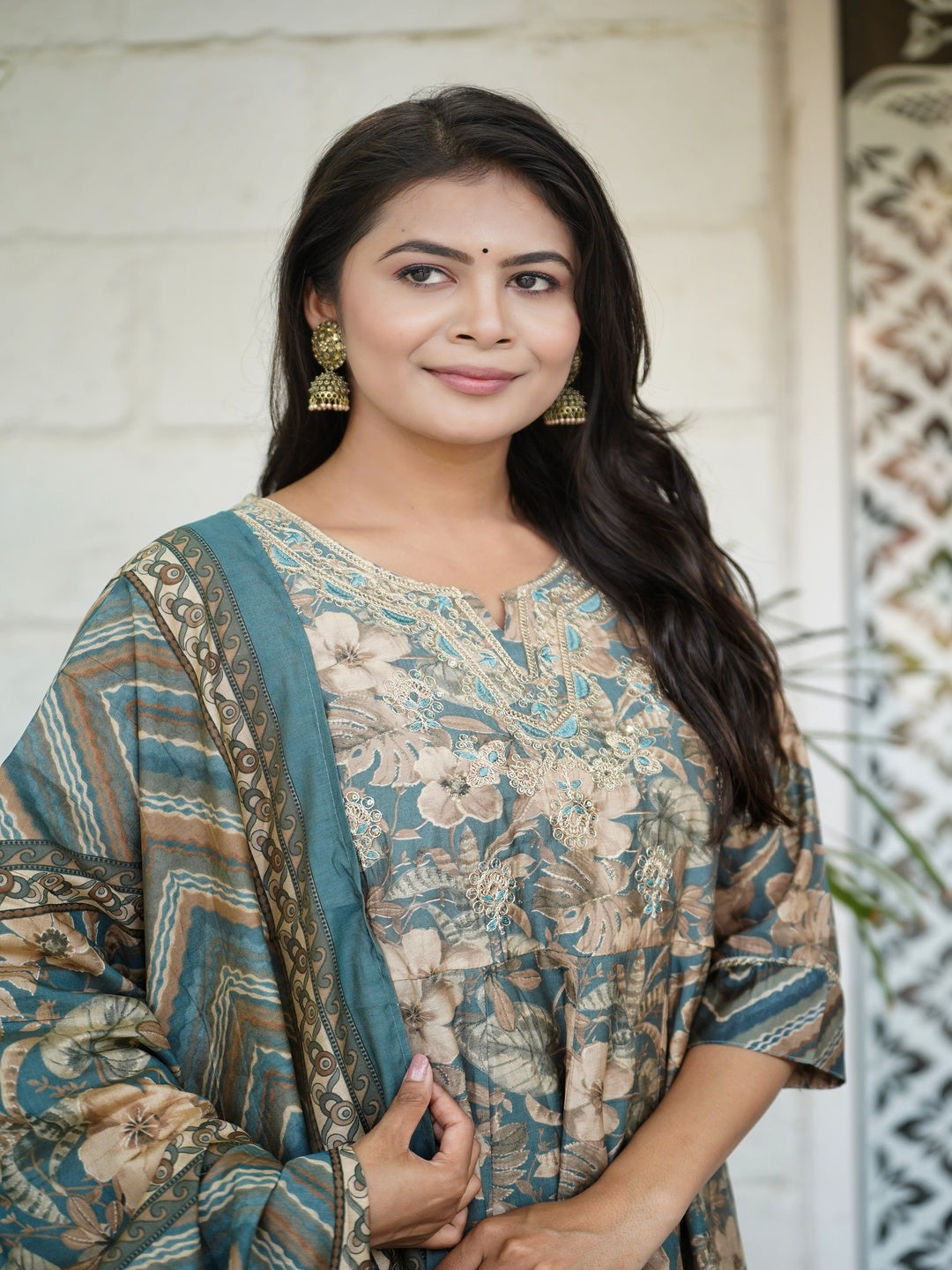 Grey Embroidered Anarkali Chanderi Suit Set