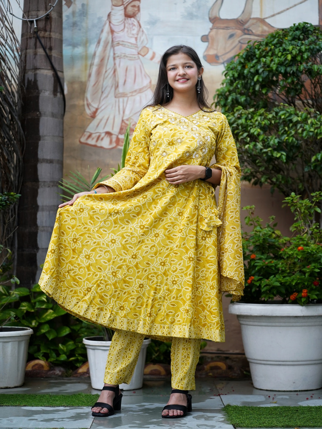 Yellow Embroidered Angharakha Rayon Suit Set