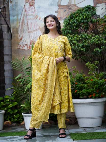 Yellow Embroidered Angharakha Rayon Suit Set