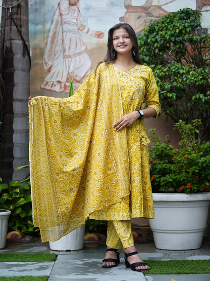 Yellow Embroidered Angharakha Rayon Suit Set