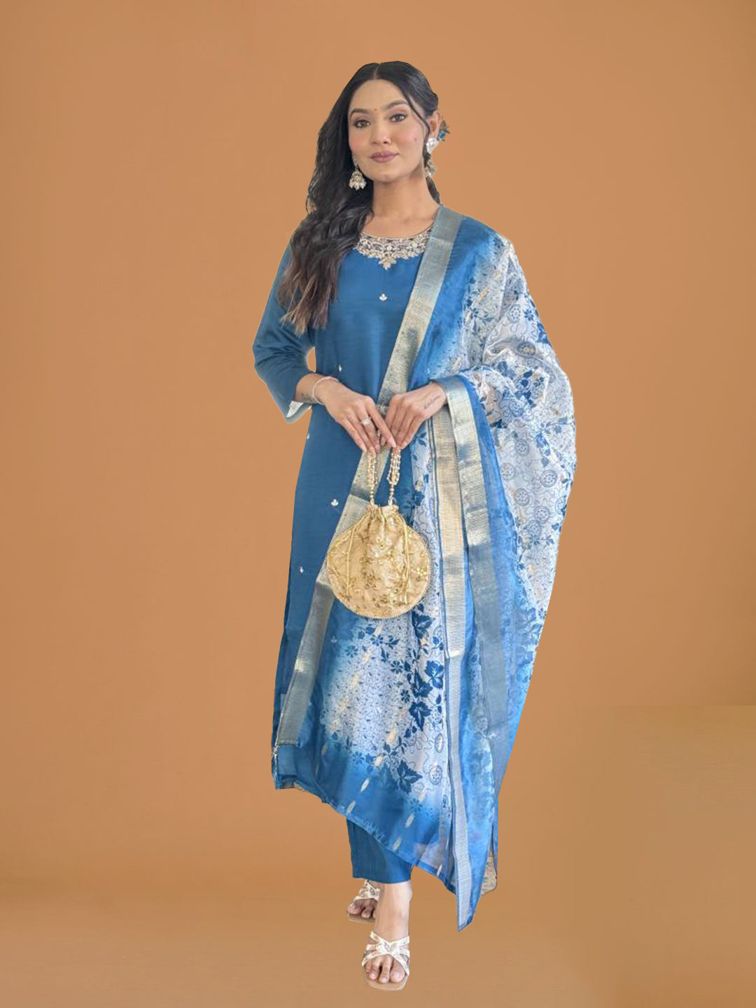 Teal Blue Silk Solid Suit Set