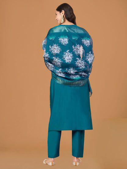 Teal Blue Viscose Chanderi Suit Set