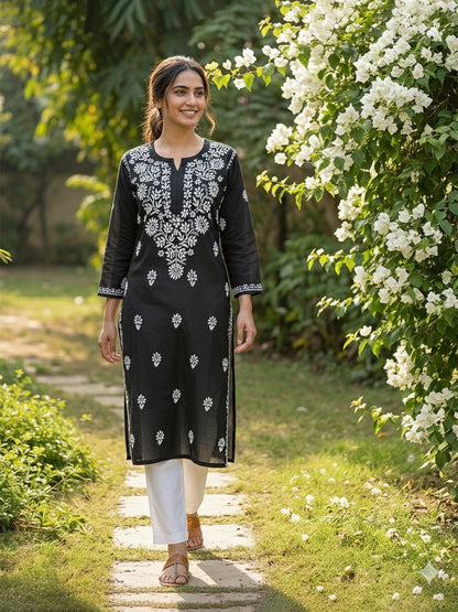 Black Chikankari Kurta with white embroidery