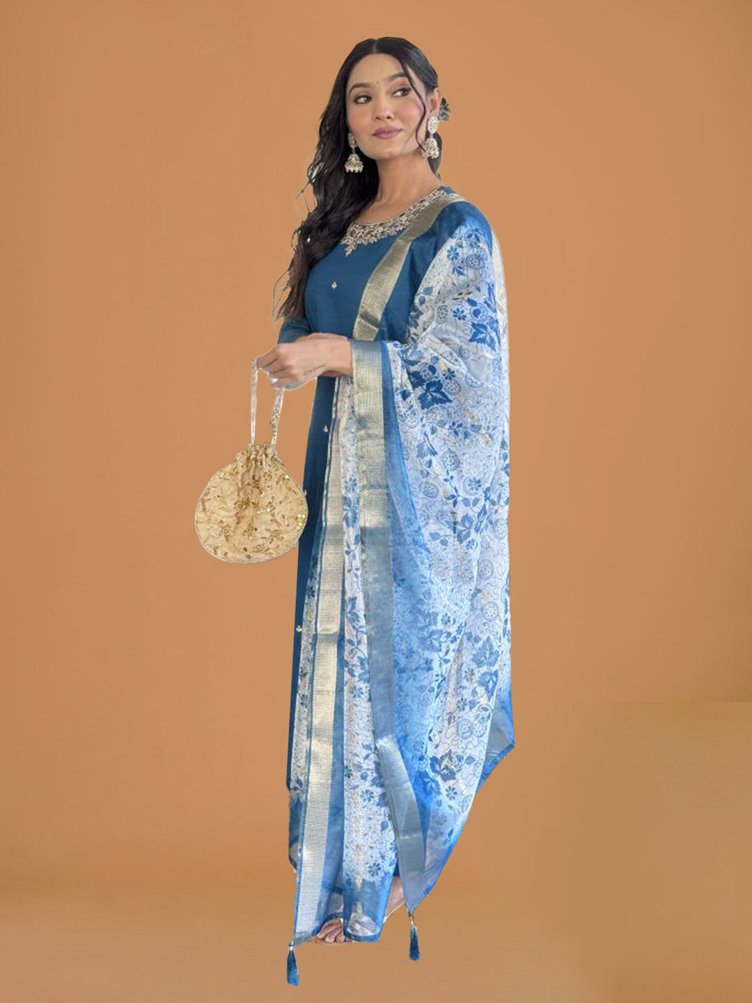 Teal Blue Silk Solid Suit Set