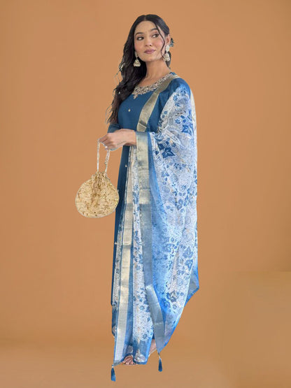 Teal Blue Silk Solid Suit Set