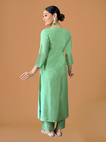 Aqua Green Viscose Silk Blend Straight Suit Set