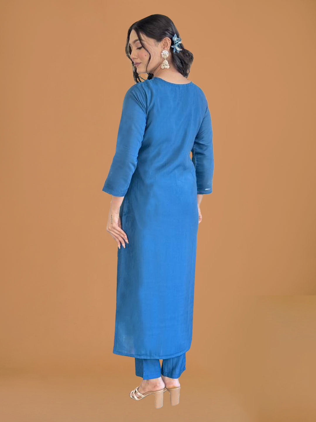 Teal Blue Silk Solid Suit Set