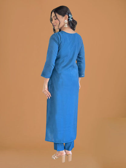 Teal Blue Silk Solid Suit Set