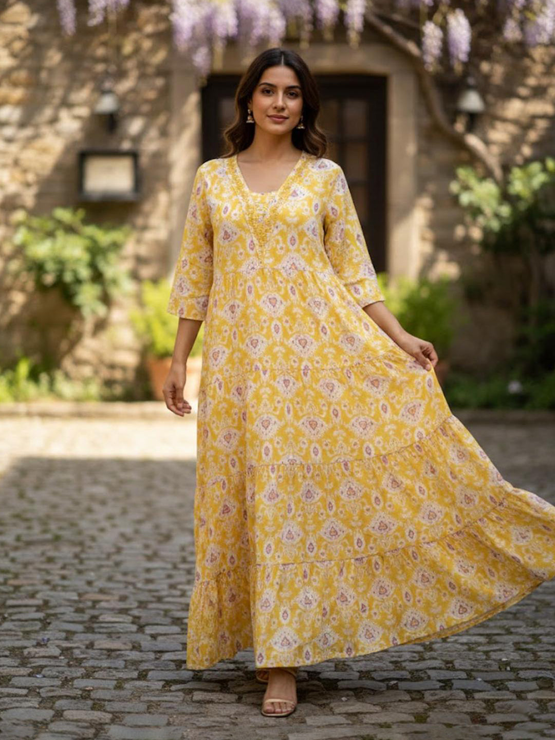 Women’s Full Length Multicolour Anarkali Embroidered Rayon Dress