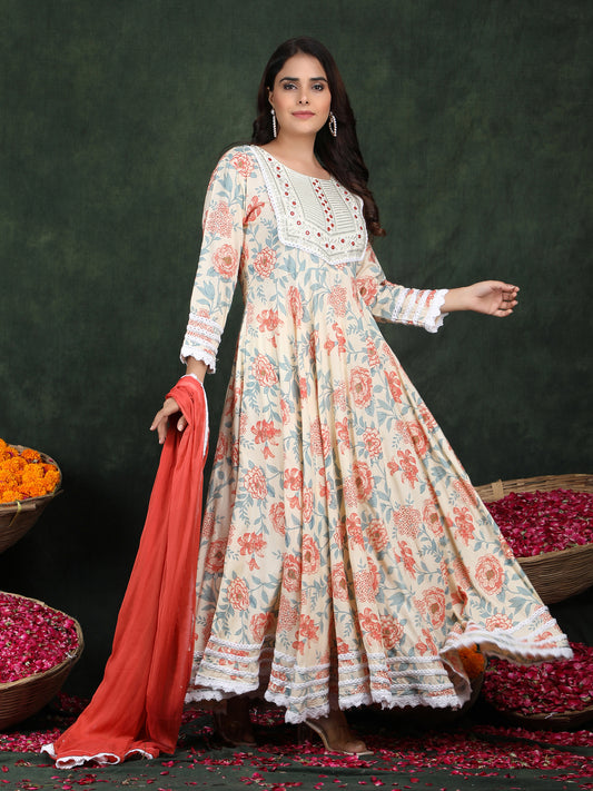 White Orange Embroidered Anarkali Rayon Suit Set