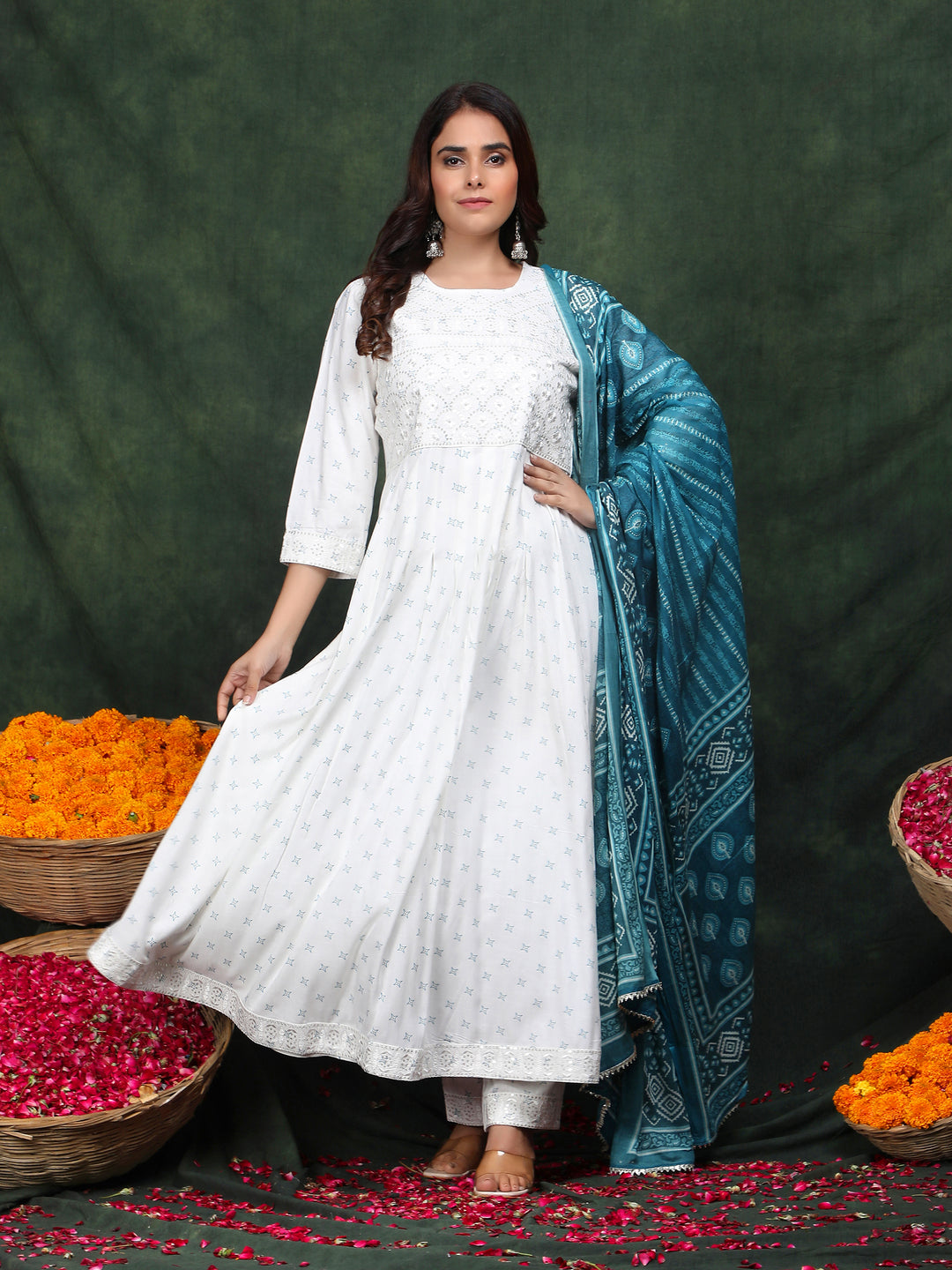 White Embroidered Anarkali Rayon Suit Set