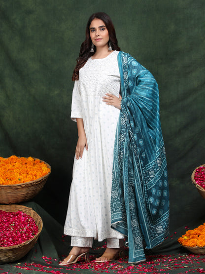 White Embroidered Anarkali Rayon Suit Set