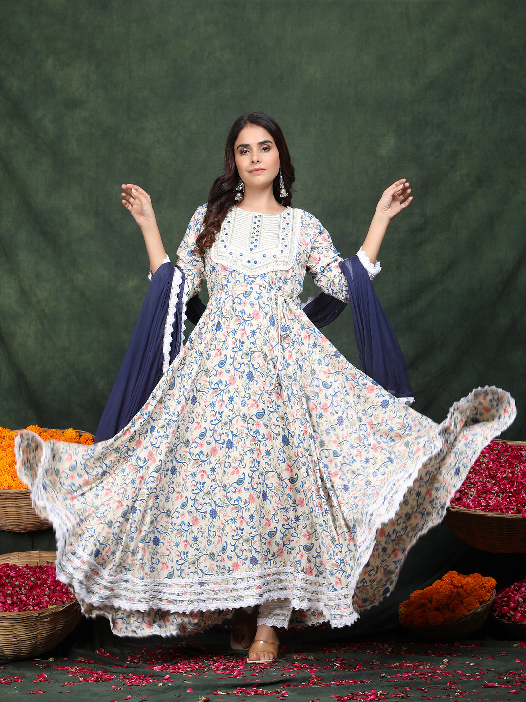 Blue Embroidered Anarkali Rayon Suit Set