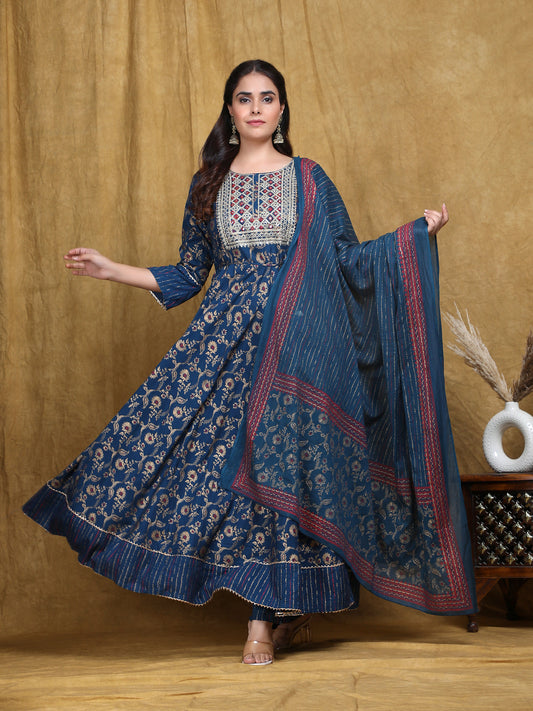Blue Embroidery Anarkali Rayon Suit Set