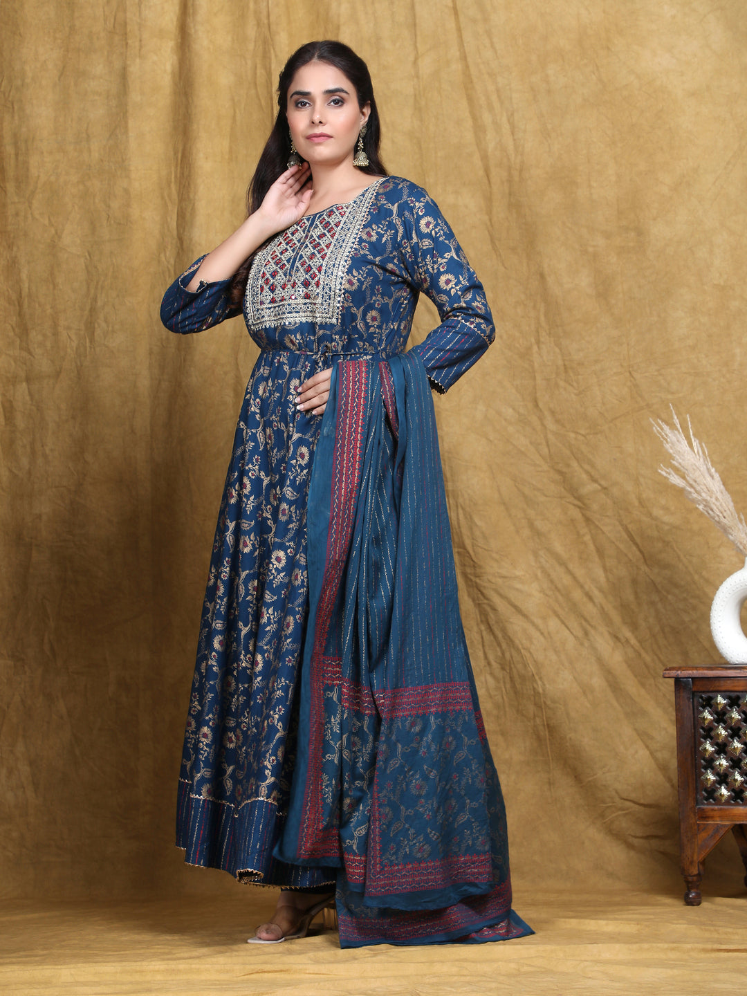 Blue Embroidery Anarkali Rayon Suit Set