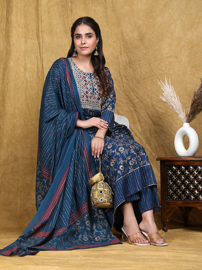 Blue Embroidery Anarkali Rayon Suit Set