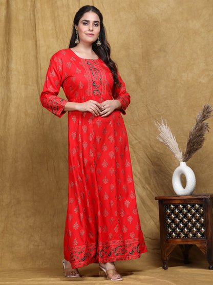 Red Printed Flared Rayon Dress