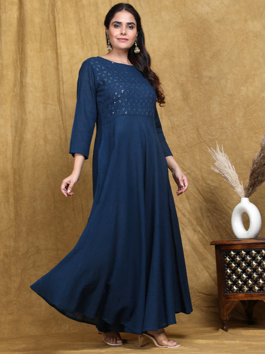 Blue Printed Flared Cotton Slub Dress