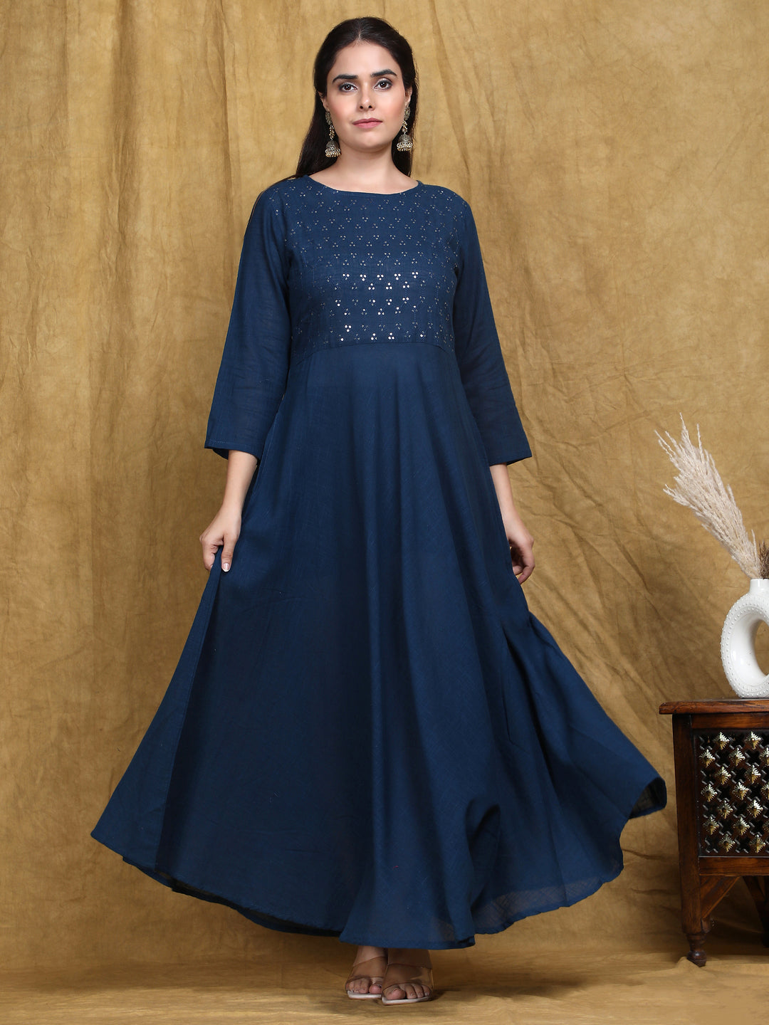 Blue Printed Flared Cotton Slub Dress