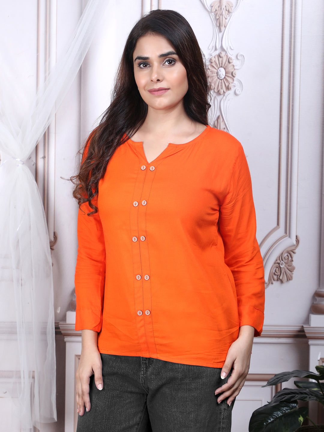 Orange Solid Pattern Straight Rayon Top