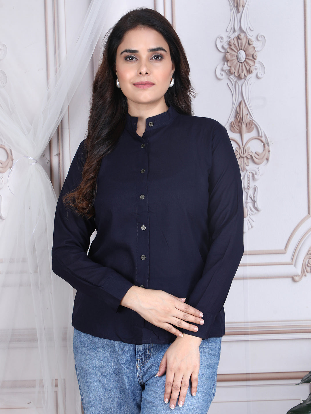 Navy Blue Solid Straight Rayon Top