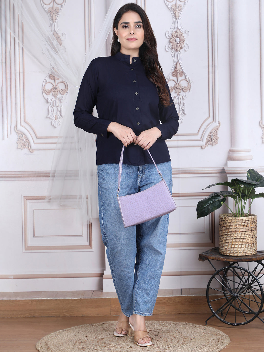 Navy Blue Solid Straight Rayon Top
