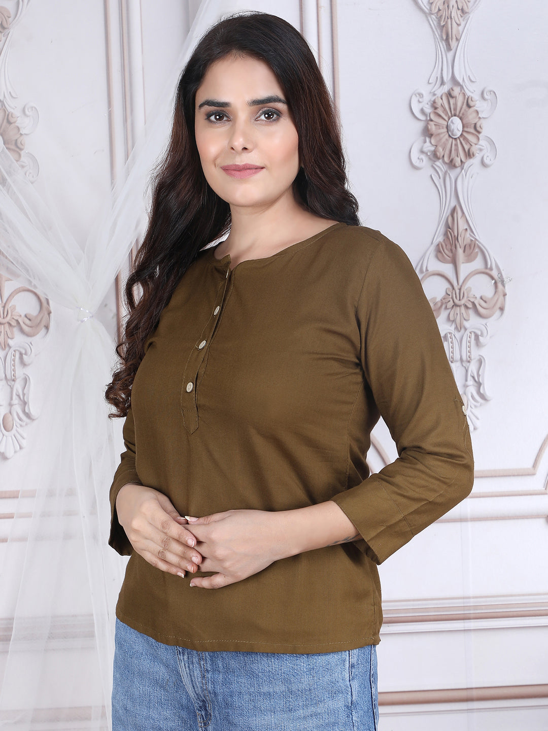 Brown Solid Straight Rayon Top
