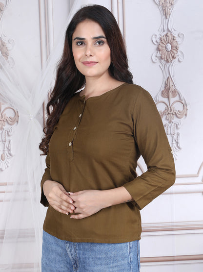 Brown Solid Straight Rayon Top