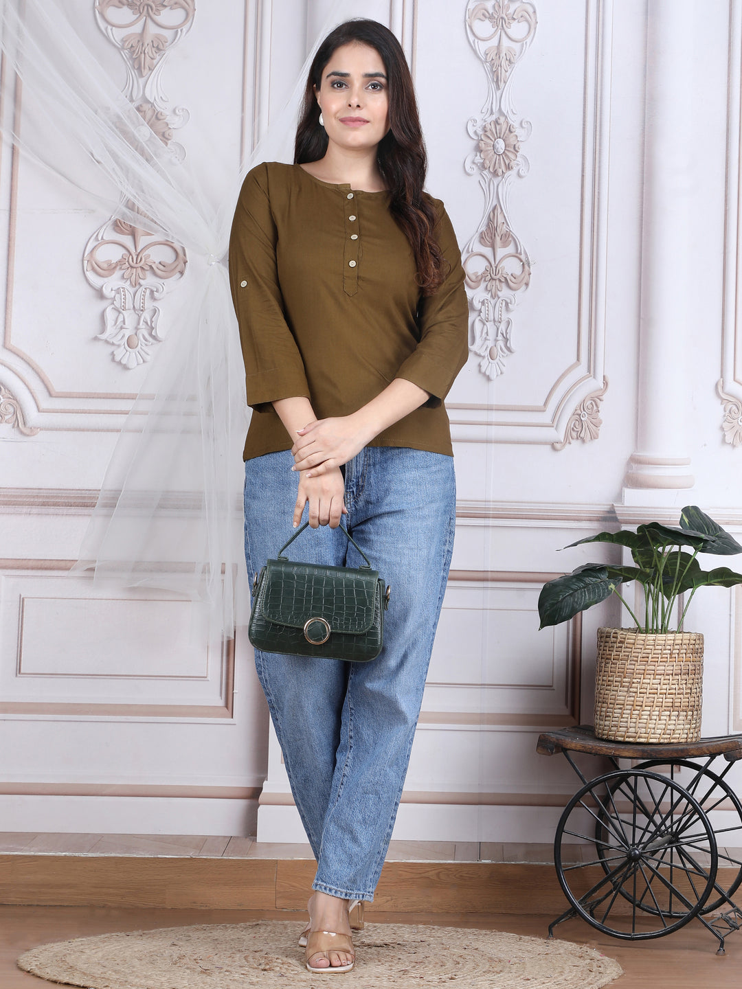 Brown Solid Straight Rayon Top