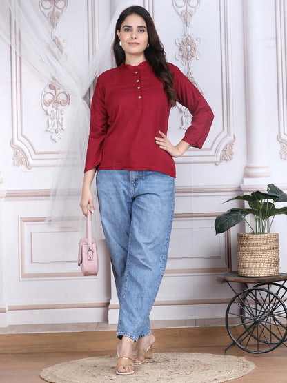 Maroon Solid Pattern Straight Rayon Top