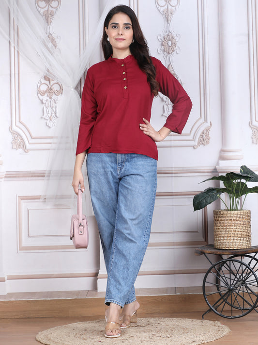 Maroon Solid Pattern Straight Rayon Top