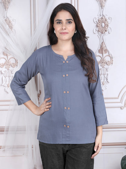 Grey Solid Pattern Straight Rayon Top