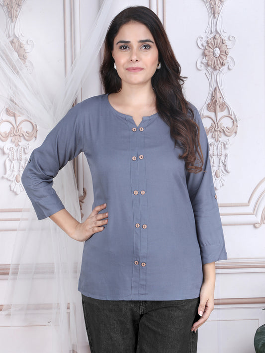 Grey Solid Pattern Straight Rayon Top