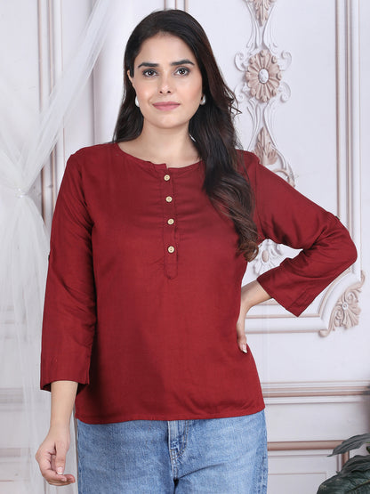 Maroon Solid Straight Rayon Top