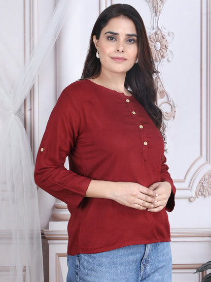Maroon Solid Straight Rayon Top