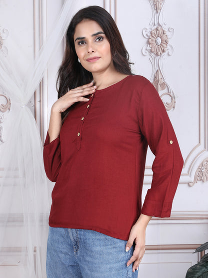 Maroon Solid Straight Rayon Top