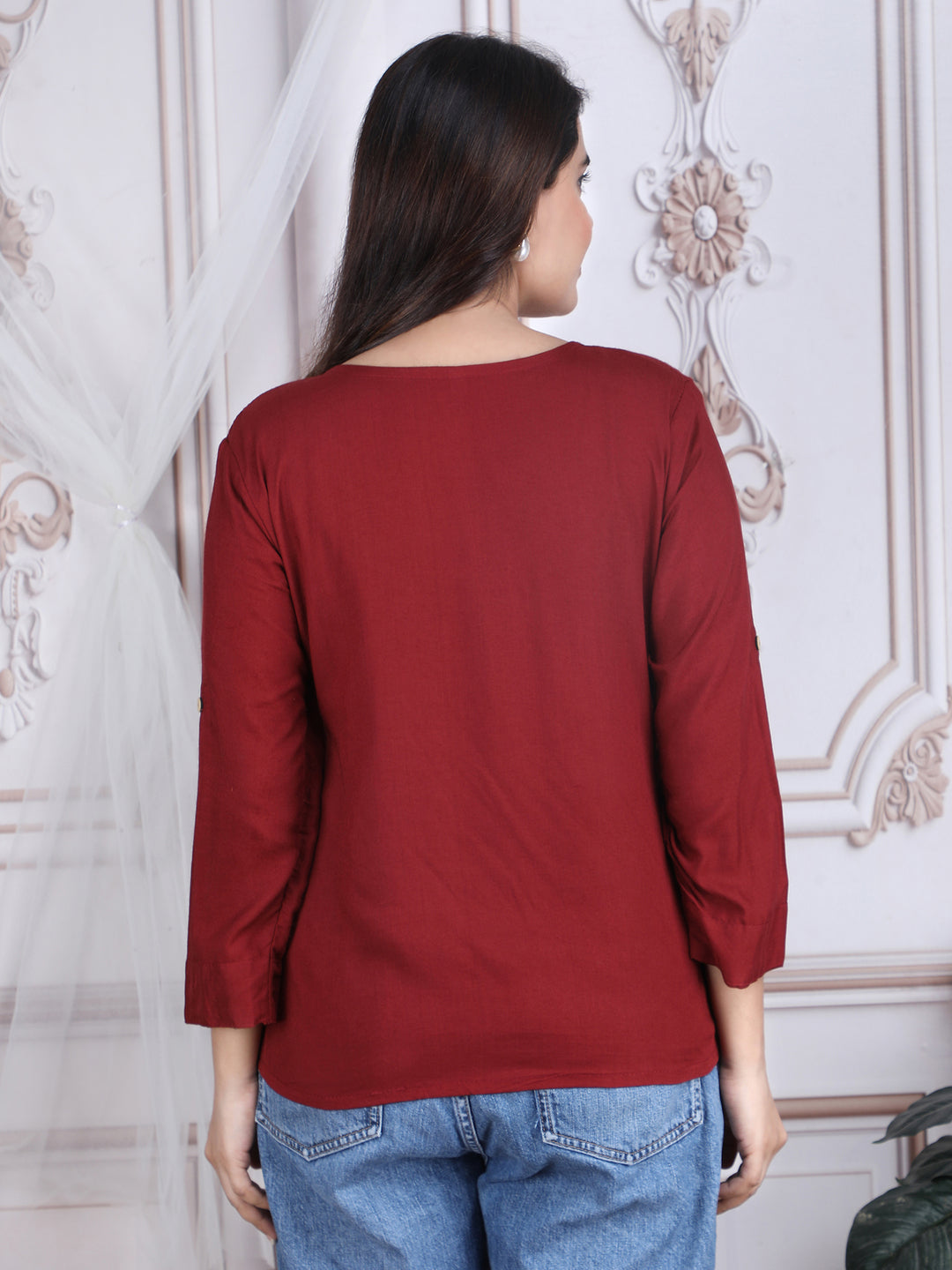Maroon Solid Straight Rayon Top