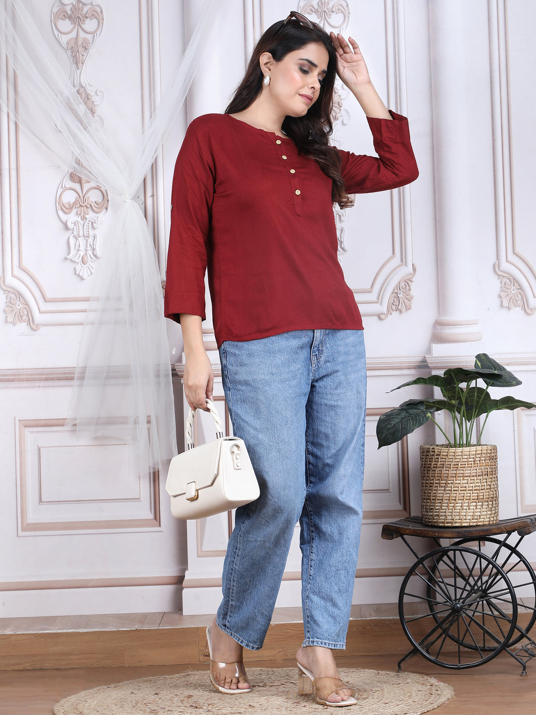 Maroon Solid Straight Rayon Top