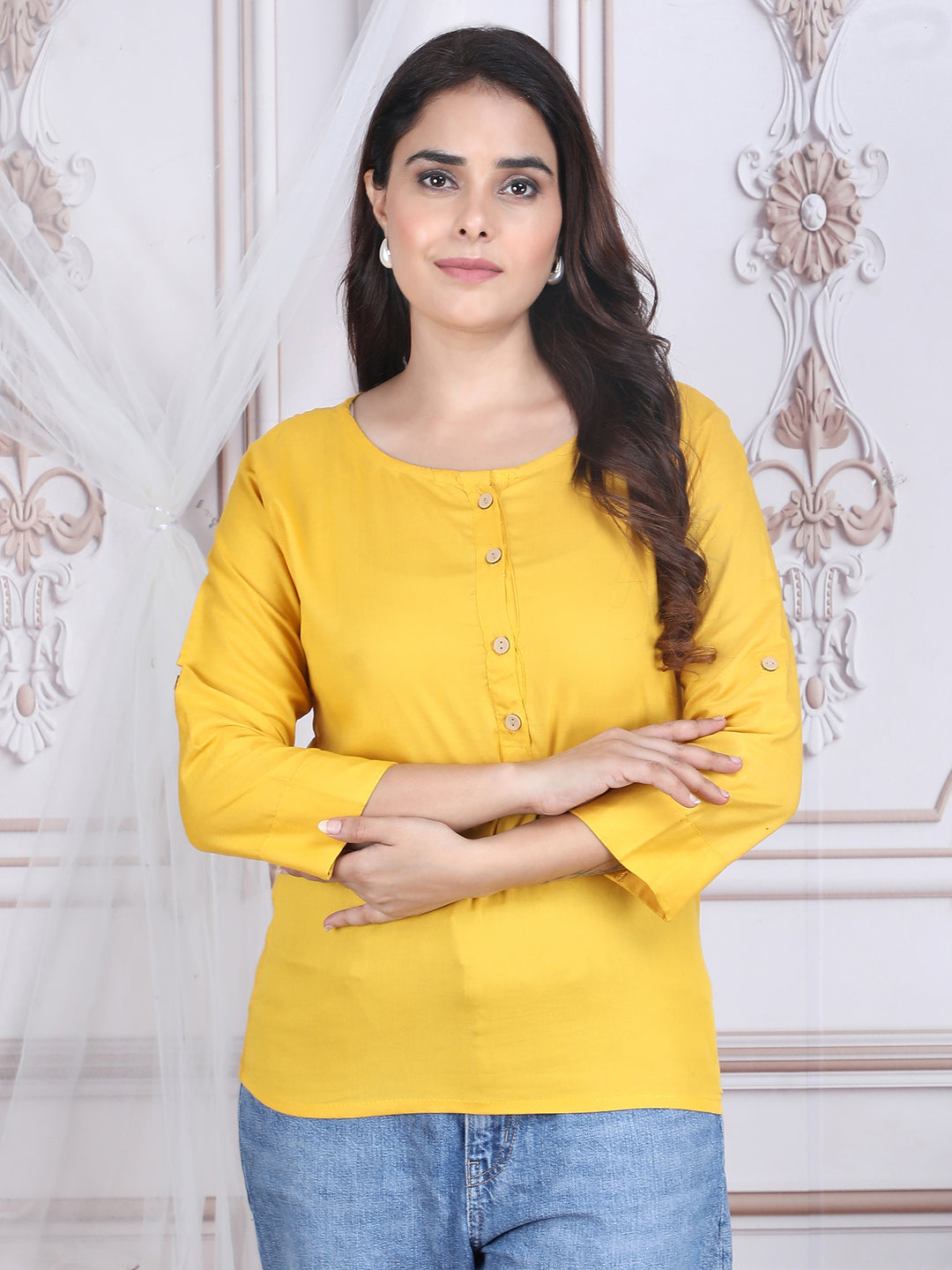 Yellow Solid Pattern Straight Rayon Top
