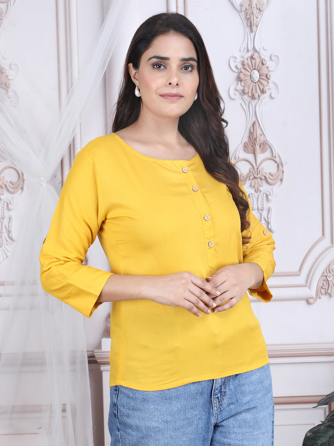 Yellow Solid Pattern Straight Rayon Top