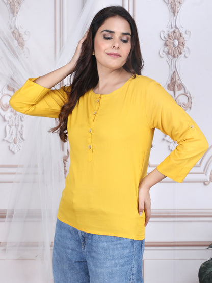 Yellow Solid Pattern Straight Rayon Top