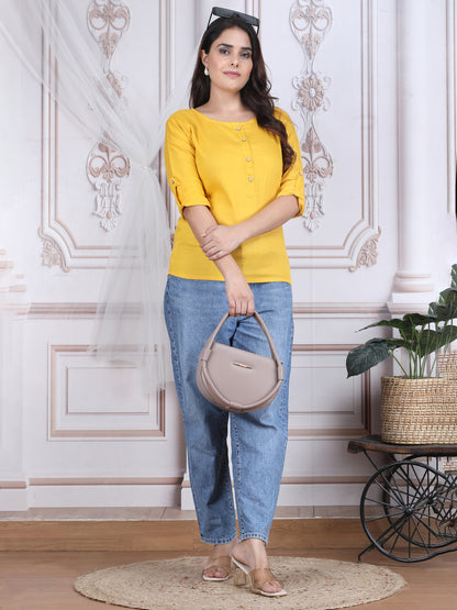 Yellow Solid Pattern Straight Rayon Top