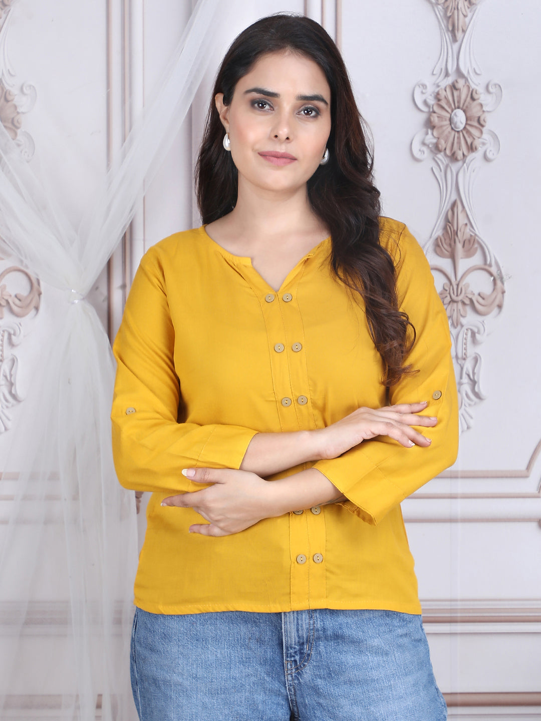 Yellow Solid Straight Rayon Top