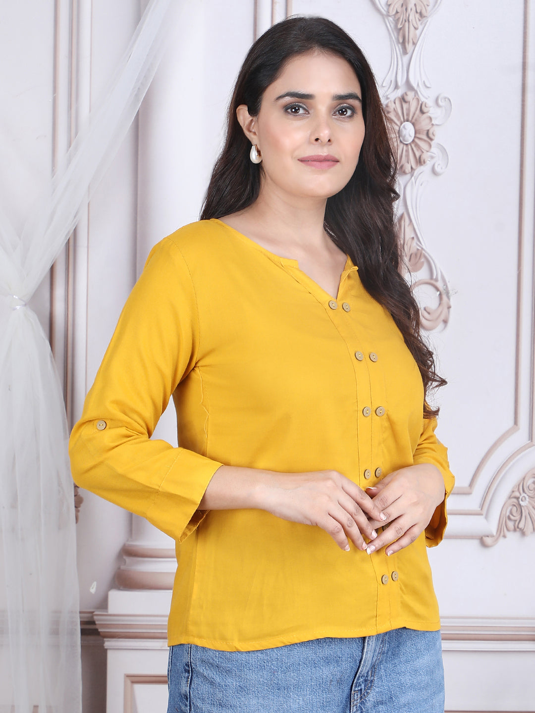 Yellow Solid Straight Rayon Top